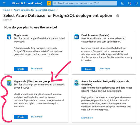 Azure Portal provisioning screen Hyperscale Citus scribbled