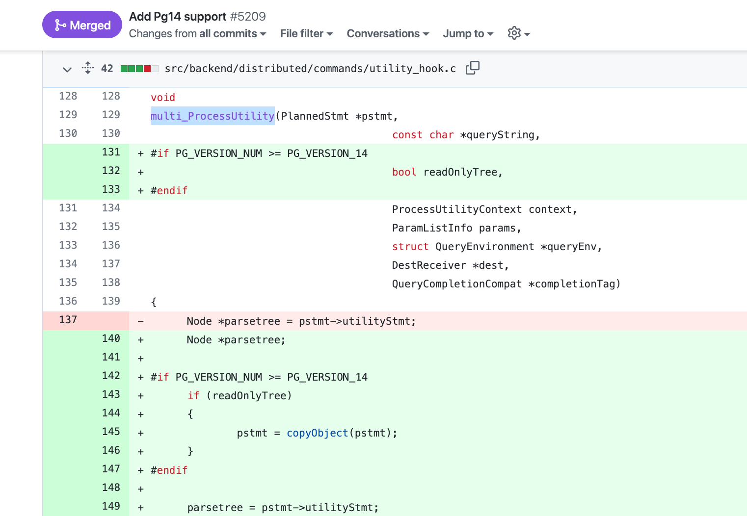 Citus Github repo code diff to add PG14 support utility hook