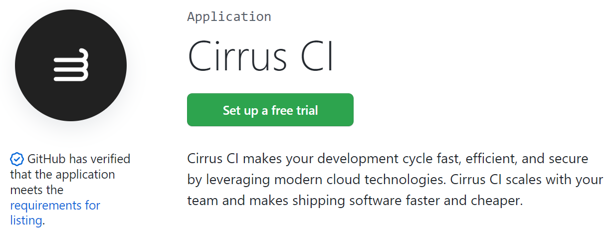 screenshot of Cirrus CI app on GitHub marketplace