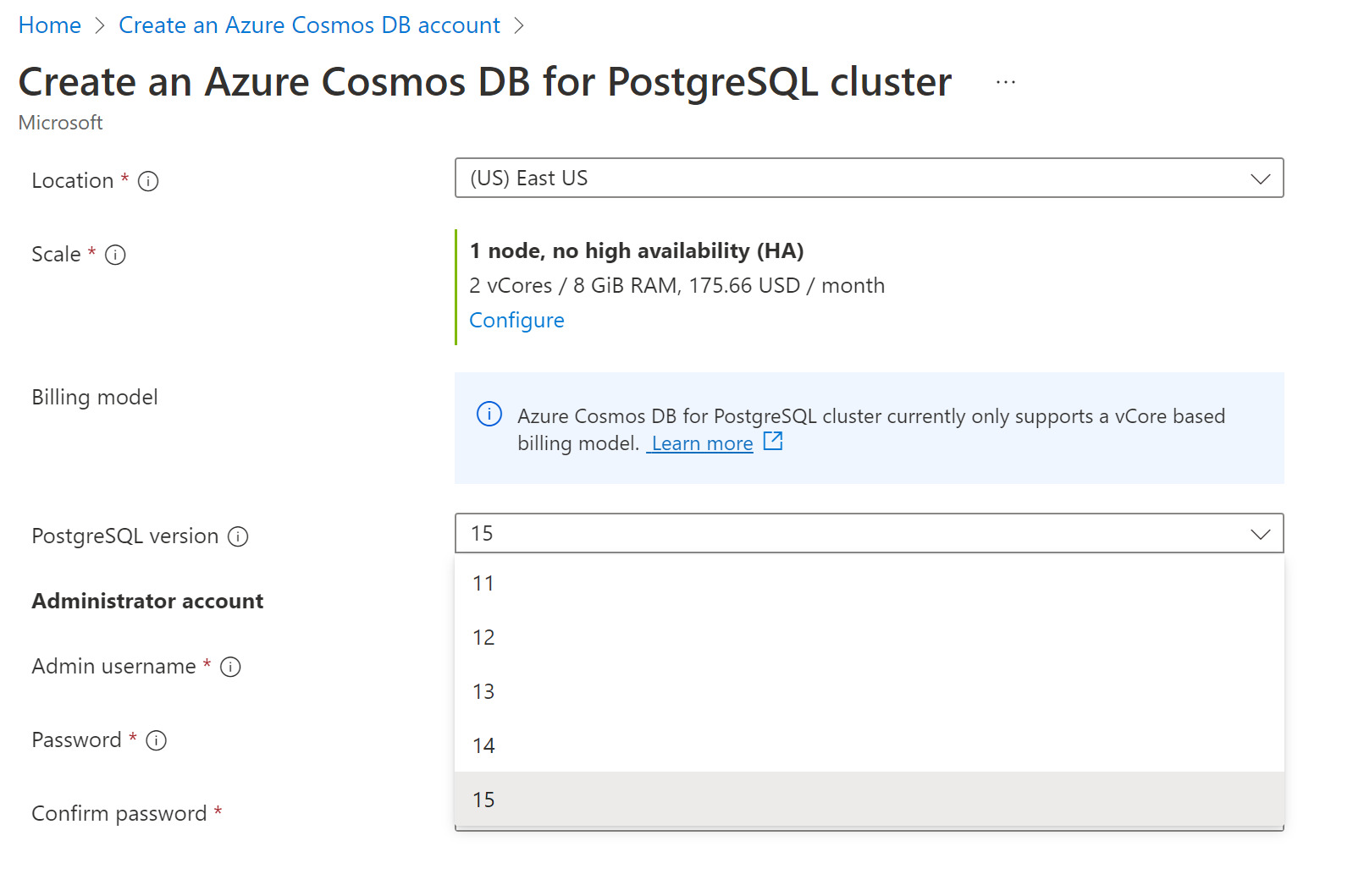 Figure 4: PG15 option in Cosmos DB cluster creation